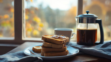 A cozy morning breakfast with a French press coffee and a stack of toasted bread with peanut butter.の素材