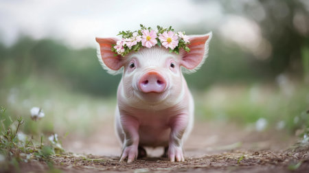 A cute pig wearing a tiny flower crown, sitting on a farm path with a serene expression.の素材