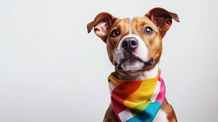 A cute dog with a colorful bandana, sitting obediently on a white background, tilting its head.の素材