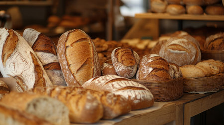 A cozy bakery display showcasing different loaves of bread, from baguettes to sourdough and rye.の素材