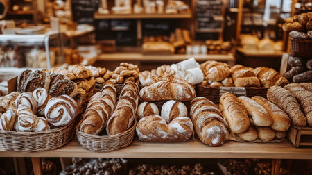 A cozy bakery display showcasing different loaves of bread, from baguettes to sourdough and rye.の素材