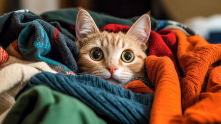 A cute little cat playing hide-and-seek in a pile of clothes, with only its ears sticking out.の素材