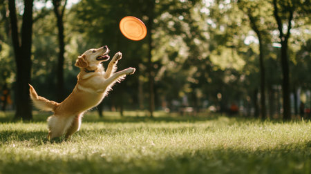 A cute dog jumping up to catch a frisbee mid-air in a park, captured in motion.の素材