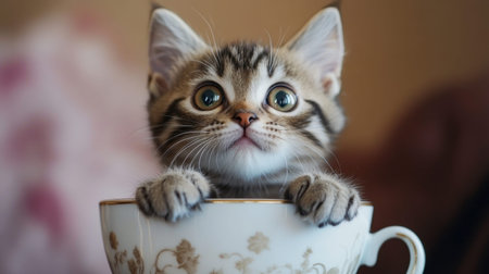 A cute little cat sitting inside a teacup, looking up adorably with its tiny paws peeking out.の素材