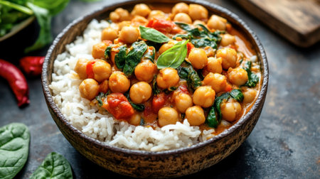 A delicious vegan curry with chickpeas and spinach, served over fluffy rice in a rustic bowl.の素材