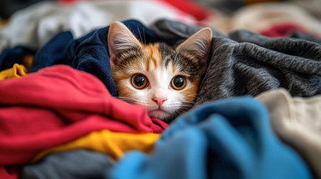 A cute little cat playing hide-and-seek in a pile of clothes, with only its ears sticking out.の素材