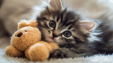 A fluffy kitten playing with a stuffed toy, cuddling it closely with a content expression.の素材