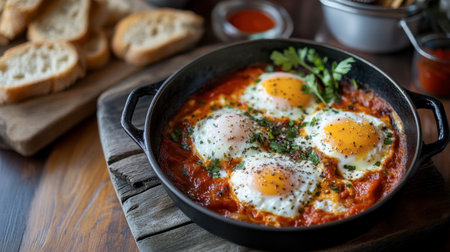 A delicious shakshuka featuring poached eggs in a spicy tomato sauce, served with crusty bread for dipping.の素材