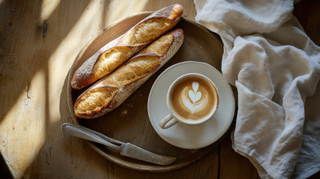 A delicious morning spread with a cup of flat white and a plate of freshly baked French baguette.の素材