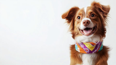 A cute dog with a colorful bandana, sitting obediently on a white background, tilting its head.の素材