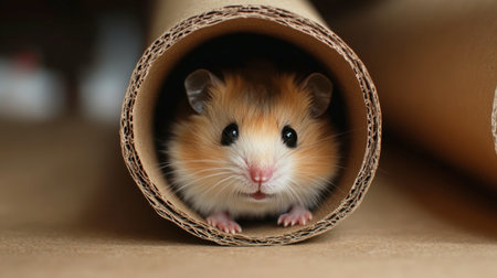 A fluffy hamster peeking out of a cardboard tube, its little face full of wonder.の素材