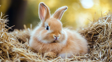 A fluffy bunny lounging in a bed of hay, looking calm and content.の素材