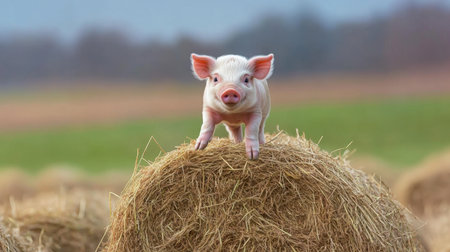 A cute piglet balancing on a pile of hay bales, looking adventurous and playful.の素材