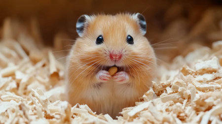 A cute hamster holding a tiny sunflower seed in its paws, sitting in a cozy bedding of wood shavings.の素材