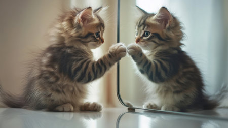A fluffy kitten standing in front of a mirror, curiously pawing at its own reflection.の素材