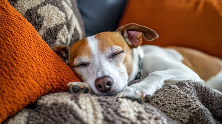 A cute dog relaxing on a cozy couch, with its head resting on a soft pillow, looking sleepy.の素材