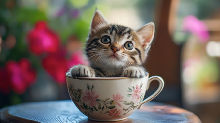 A cute little cat sitting inside a teacup, looking up adorably with its tiny paws peeking out.の素材
