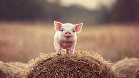 A cute piglet balancing on a pile of hay bales, looking adventurous and playful.の素材