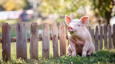 A cute pig sitting next to a wooden fence, playfully chewing on a piece of grass.の素材