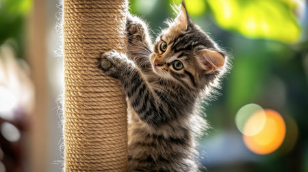 A fluffy kitten climbing up a scratching post, looking determined and adventurous.の素材
