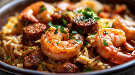 A flavorful jambalaya filled with shrimp, sausage, and rice, presented in a vibrant dish with herbs sprinkled on top.の素材