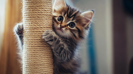 A fluffy kitten climbing up a scratching post, looking determined and adventurous.の素材