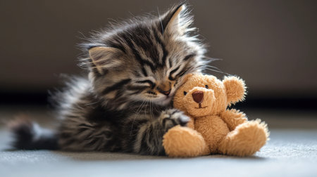 A fluffy kitten playing with a stuffed toy, cuddling it closely with a content expression.の素材