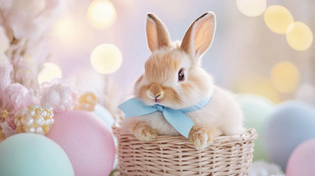 A fluffy rabbit sitting in a basket with a blue ribbon tied around its neck, surrounded by pastel decorations.の素材