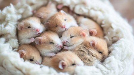 A group of baby hamsters cuddled up together in a warm nest of soft bedding.の素材