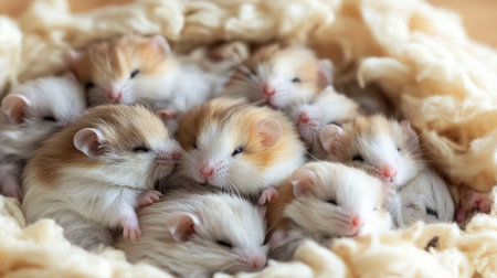 A group of baby hamsters cuddled up together in a warm nest of soft bedding.の素材