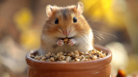 A hamster sitting in a small dish, enjoying a snack of seeds and grains.の素材