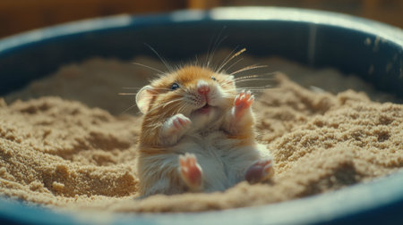 A hamster rolling around in a sandbox, cleaning its fur with adorable little movements.の素材