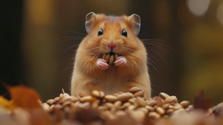 A hamster stuffing its cheeks with seeds, preparing to store them for later.の素材