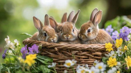A group of baby rabbits cuddling together in a basket, surrounded by spring flowers.の素材