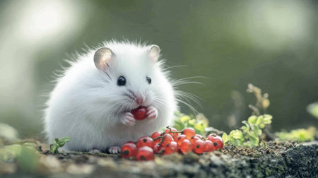 A hamster with fluffy white fur enjoying a small treat of berries in its cage.の素材