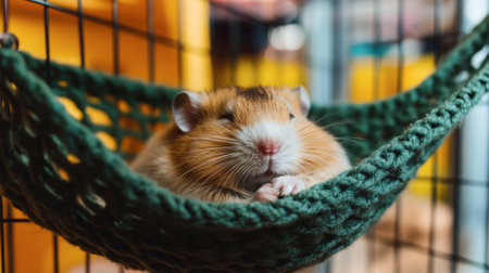 A hamster resting peacefully in a hammock inside its cage, looking calm and relaxed.の素材
