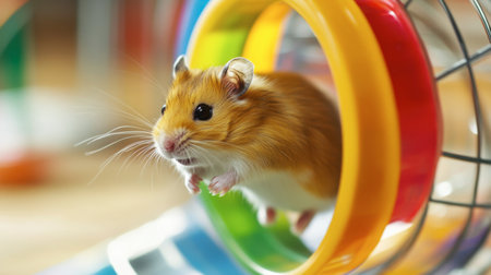 A hamster running on a colorful spinning wheel, full of energy and excitement.の素材