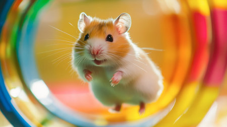 A hamster running on a colorful spinning wheel, full of energy and excitement.の素材
