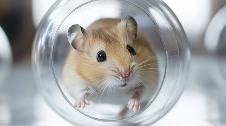 A hamster rolling around in a clear plastic ball, exploring the room freely.の素材