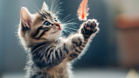 A kitten playing with a feather toy, jumping up and trying to catch it with its paws.の素材