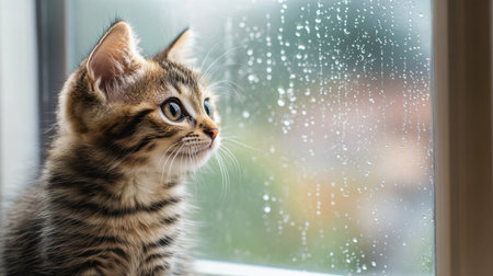 A kitten sitting by a window, watching raindrops fall outside with a calm, curious expression.の素材