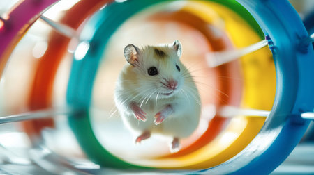 A hamster running on a colorful spinning wheel, full of energy and excitement.の素材