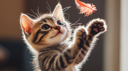 A kitten playing with a feather toy, jumping up and trying to catch it with its paws.の素材
