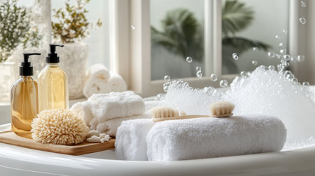 A luxurious bath setup with fluffy towels, bath salts, and a loofah, arranged next to a bathtub filled with bubbles.の素材