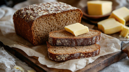 A loaf of traditional rye bread, cut into slices, with a spread of butter and cheese.の素材