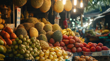 A market stall in Thailand overflowing with fresh tropical fruits like durian, papaya, and rambutan.の素材