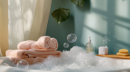 A luxurious bath setup with fluffy towels, bath salts, and a loofah, arranged next to a bathtub filled with bubbles.の素材