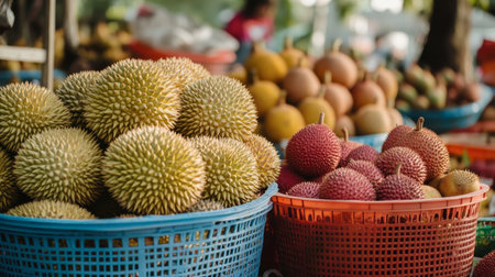 A market scene in Thailand with piles of ripe durians, lychees, and rambutans in colorful baskets.の素材