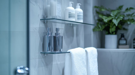 A modern shower with bathroom supplies such as shampoo, conditioner, and body wash in sleek dispensers attached to the wall.の素材