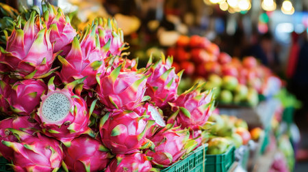 A market stall overflowing with colorful Thai dragon fruits, highlighting their exotic pink and white interior.の素材